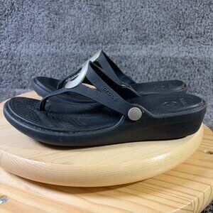 Crocs Sanrah Slide Sandals Womens 10 Black Silver Medallion Slip On Comfort Shoe
